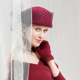 Berets Lady Fedoras Hats Girls Veil Wool Party Cap Women's Elegant Fashionable Woollen Stylish Retro Gauze Adjust A45