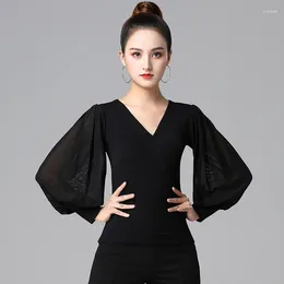 Stage Wear 2024 Adult Women Modern Ballroom Costume Lady Latin Dance Top Black Sexy V-neck Gauze Lantern Long Sleeves Dancewear