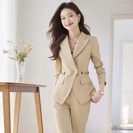 Women's Two Piece Pants Woman's British Style Metal Chain Waist Blazer Wide-leg Suit Retro Casual Solid Vertical Striped Two-piece Set