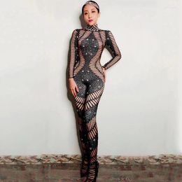 Stage Wear Black Rhinestones Jumpsuit Sexy Long Sleeves Stretch Jazz Clothing Women Gogo Costume Nightclub Dj Rave Outfits XS7024