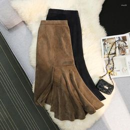 Skirts Autumn Corduroy Long For Women Irregular Ruffles Patchwork High Waist Female Trumpet Skirt French Chic Drop