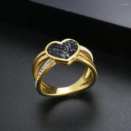 Wedding Rings Heart Black Full Stone Crystal Ring Stainless Steel Cross Gold Colour Luxury Fashion Hand Accessories Jewellery Gift