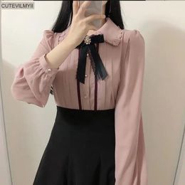 Spring Women Cute Bow Ribbon Tops Preppy Style Vintage Japan Korea Design Button Elegant Formal Shirts Blouses Pink White 240131