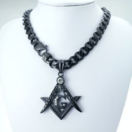 Rhinestone Pendant Necklace 11mm Width Black Mens Women Freemasonry Masonic Mason Stainless Steel