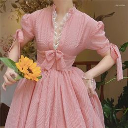 Party Dresses Summer Vintage Pink Striped Dress Retro French Style Puff Sleeve Bow Lace Romantic Princess For Night Robe Rose