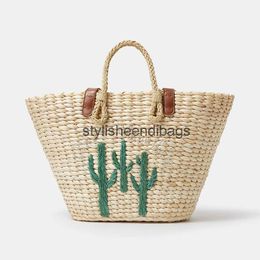 Totes Fashion Cactus Pattern Rattan Women Handbags Corn Husk Woven Shoulder Bags Casual Summer Beach Straw Basket Bag Large Tote PurseH24217
