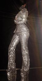 Stage Wear Bar Singer Nightclub Party Jazz Dance Costume Women Performance Set Silver Striped Sequins Jumpsuit Loose Coat Outfit