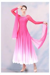 Stage Wear 4 Colors Long Sleeved Ballroom Dance Dress Gradient Rhinestones Competition Tango Waltz Dancing Clothes Prom