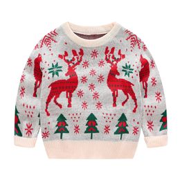 Festive Christmas Kids Sweater Adorable Elk Print Crew Neck Knitwear 240124