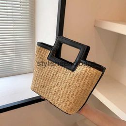 Totes Korean Style Straw Beach Women Handbag Handmade Woven Boho Tote Vintage Summer Vacation Shoulder Top-Handle Bag for TravelH24217