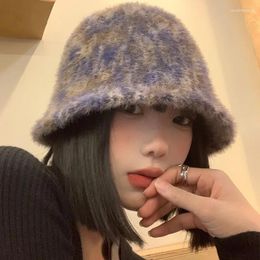 Berets Japanese Retro Color Plush Bucket Hat Women's Autumn And Winter Big Head Warm Temperament Dome Panama Bob Cap Bonnet Gorras