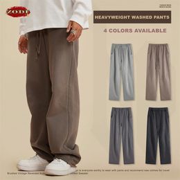 ZODF 2023 Мужские потертые хлопковые брюки плотностью 380 г/м², унисекс, большие уличные прямые вязаные брюки со свободным краем, уличная одежда HY0608 240129