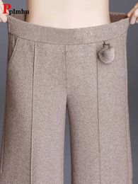 Oversize 4Xl Formal Pinstripe Wide Leg Pants High Waist Ankle Length Work Pantalones Autumn Loose Woollen Blend Womens Trousers 240201