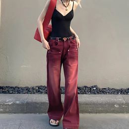 Boyfriend Style Streetwear Baggy Jeans Women Denim Trousers High Waist Y2k Vintage Washed Distressed Wide Leg Mopping Red Pants 240131