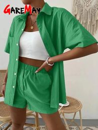 Women's Tracksuits Cotton Suit Short Sleeve Casual Elegant Green Soild Two Piece Set Women Outfit Shorts And Shirt For