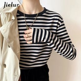 Jielur Green Blue Black Striped Long Sleeve T shirt Women Cotton Top Female Basic Bottoming Shirt Autumn Tshirts Gloves SXL 240129