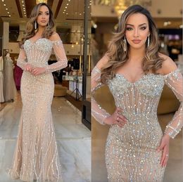 Mermaid Elegant Champagne Off Shoulder Beading Formal Prom Party Gowns Dresses for Special Ocns Pleats Long Sleeves Evening Gown