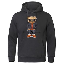 Men's Hoodies Sweatshirts Cowboy Teddy Bear With Hands In Pockets Mens Hoodie Cute Print Sportswear Hip Hop Street Hoody Loose Pocket Fleece Sweatshirt T240217