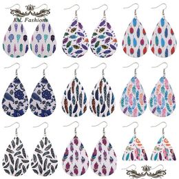 Dangle & Chandelier Designer Feather Printed Pattern Leather Earring For Women Girls Pu Printing Dangle Earrings Oval Water Dhgarden Dhxz5