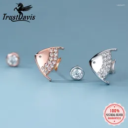 Stud Earrings Trustdavis Real 925 Sterling Silver Asymmetry Cute Fish Shiny CZ Mum Daughter Birthday Party Gift Jewelry 4386