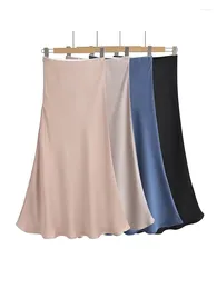 Skirts Women Elegant Satin Midi Slim 4 Colours Black Blue Skirt