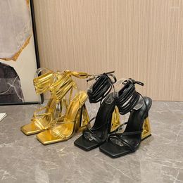 Sandals Chic Triangle Thick Heels Gladiator Women Summer Sexy Street Square Toe Cross-Tied Dress Party Gold Shoe