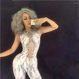 Stage Wear Women White Feathers 3D Printed Sexy Jumpsuit Nightclub Party Bodysuit DJ Singer Sparkling Rhinestone Festival Outfit