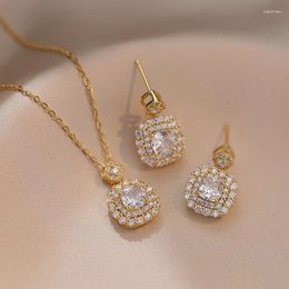 Necklace Earrings Set Luxury White Zircon Square Stud And Pendant Clavicle Necklaces For Women Bridal Stainless Steel Jewellery CZ