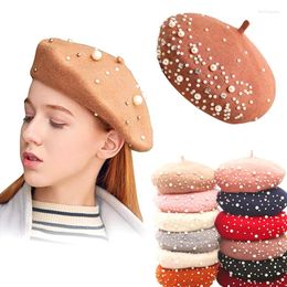 Berets French Style Women Beret Pearl Hat Hair Knitted Female Winter Wool Warm Hats