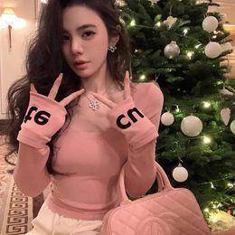 Women's T Shirts Winter Letter Printed Bottom Shirt Solid Colour U-Neck Long Sleeve T-shirt For Women Slim Elegant Underlay Tops Ladies Pink