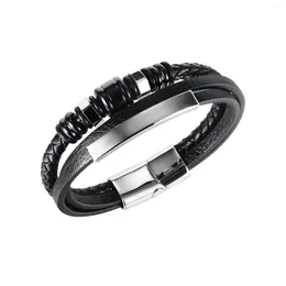 Charm Bracelets JIALY European Men Fashion Black Multi-layer Leather Bracelet Stainless Steel Curved Piece Button Wristband Jewelry B0208
