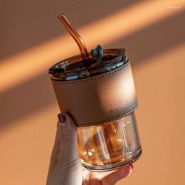 Mugs 450ml Coffee Glasses Leather Heat Insulation Resistant Cover Glass Mug Water Cup Tea Wine Drinkware Tumbler Lids Straw