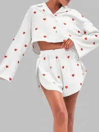 Women's Sleepwear Restve Print Pajamas For Women 2 Piece Sets Loose Long Sleeve Female Night Suits With Shorts Spring Casual Homewear