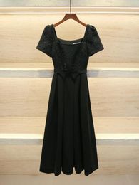 Casual Dresses Luxury Designer Brand Spring 2024 Vintage Hepburn Style Little Black Dress Waist Slimming Square Neck