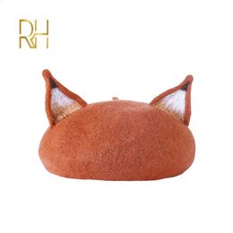 Retro Womens Cute Fox Ear Woollen Beret Caps Real Wool Casual Warm Painter Hat Handmade Nick Cat Ear Beret Hat Gift RH 240118