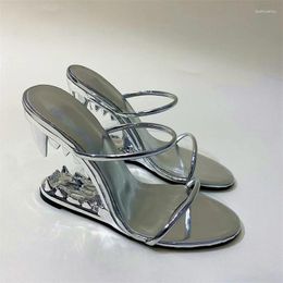 Sandals Ippeum Metallic Silver Wedges 2024 Summer Design Metal Tooth High-heeled Sexy Pink Slippers Women's Y2k Shoes