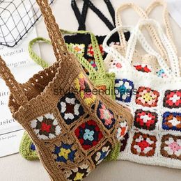 Shoulder Bags Bohemain Crochet Women Granny Square Tote Bag Casual Knitted Handbags Handmade Woven Summer Beach Small PurseH24217