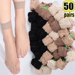 Women Socks 20/100pcs Black Skin Ultrathin Transparent Thin Crystal Short Ankle Sock Casual Meias Sexy Summer Ice Silk Sox