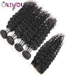 Brazilian Deep Wave Virgin Hair Closure Kinky Curly Human Hair Weave Bundles with Closure Straight 4 Bundles and Weaves Hair Wefts8664295