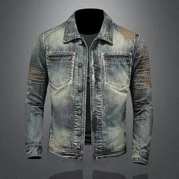 Light Luxury Men's Classic Style Denim CoatColor Stitching Decors Retro JacketsHard Wash Street Fashion Sexy Denim Jacket; 240202