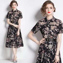 Women Boutique Printed Dress 2024 Summer Dress High-end Temperament Lady Dress Short Sleeve Dresses OL Runway Dresses