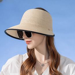 Kvinnor sommarstrån vävd tom topp hatt enkel mode strand solskydd sol hatt stor grim solskade hatt