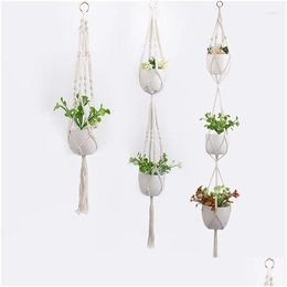 Vases Handmade Rame Flowerpot Net Vintage Hanging Basket Plant Hangers Cotton Pot Rope Garden Balcony Decor Drop Delivery Home Otibh