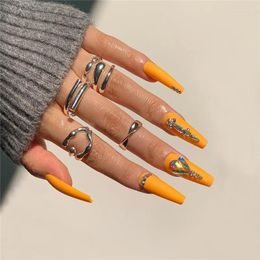 False Nails 24Pcs Retro French Fake With Yellow Design Ballerina Full Cover Press On Square Super Long Nail Art Tips