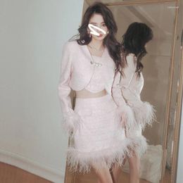 Work Dresses Arrival 2024 Fall Winter Women Button Pearls Chains Feathers Sequined Jacket Tweed Camis Mini Skirt 2-3 Piece Set