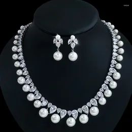 Necklace Earrings Set 2 Pack Pearl Zircon Upscale Dinner Luxury Bridal Wedding Jewellery Se