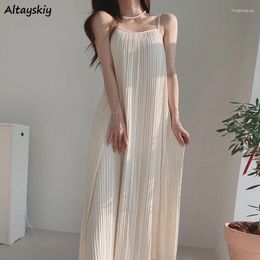 Casual Dresses Sling Women Solid Pleated Fashion Midi Summer Elegant Vintage Simple Korean Style Loose Y2k Ulzzang Vestidos De Mujer