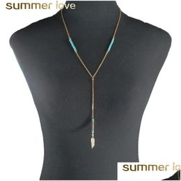 Pendant Necklaces New Bohemian Ethnic Y Shape Necklace Blue Beads Feather Pendant Long Chain Tassel Necklaces For Women Roun Dhgarden Dhb2L