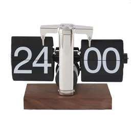 Table Clocks Mechanical Flip Clock Battery Powered Wood Base Vintage Desk Knob Adjust 24H Stainless Steel For Office