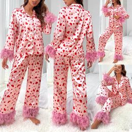 Women's Sleepwear Family Matching Feather Detail Satin Valentine's Pyjamas Set For Women Cute Button Up Silk Pjs Loungewear Lounge